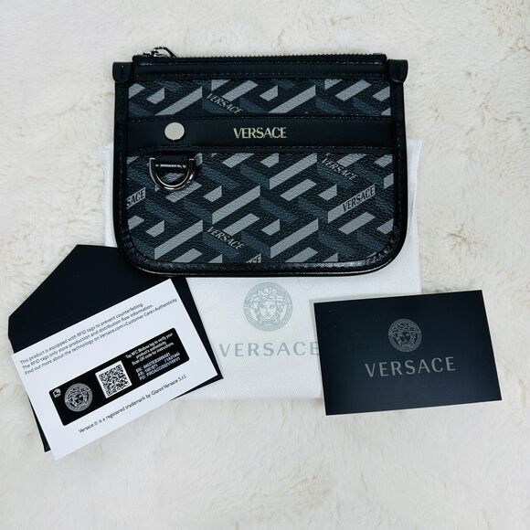NEW Versace Mini Coin Pouch 5.5” x 4.5” La Greca Rectangular Modular Black Gray - Picture 5 of 11